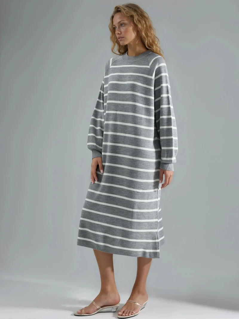 MY FASHION Grey MY FASHION Long Sleeve Striped Ribbed Knit Dress for Women | Best Price UAE